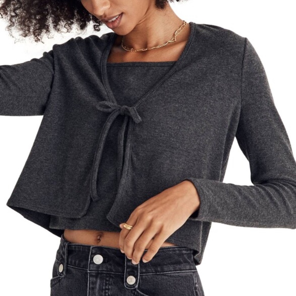 Madewell SET Brushed Rib Cami Tank and Matching Tie Cardigan Sweater Set in Gray